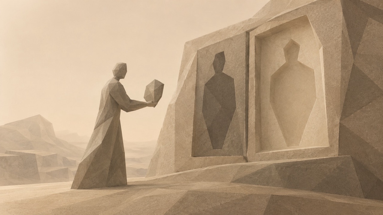 Ilustración facetada en tonos sepia: una figura ofrece un objeto facetado frente a un muro con dos siluetas humanas vaciadas.