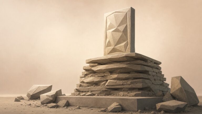 Ilustración monumental en tonos papiro cálido y grafito, con estética poligonal de piedra tallada, vista en perspectiva oblicua y de ánimo sereno y paciente, no sombrío. Un único panel o tablilla de piedra facetada se alza terminado y bien iluminado sobre un zócalo bajo: una forma resuelta y entera. Pero se revela como la capa más alta de un grueso apilamiento: debajo de ella, y visibles en parte por los bordes y la base, yacen muchas versiones anteriores del mismo panel, amontonadas como estratos sedimentarios, agrietadas, abandonadas, a medio tallar, cada una algo distinta, comprimidas y enterradas bajo la que por fin funcionó. Alrededor del zócalo reposan algunos fragmentos más, descartados. La pieza terminada es pequeña; la masa enterrada de intentos fallidos que la sostiene es mucho mayor. Lo que se alza iluminado es un acierto apoyado sobre un estrato profundo de error. El tono es cálido y paciente.