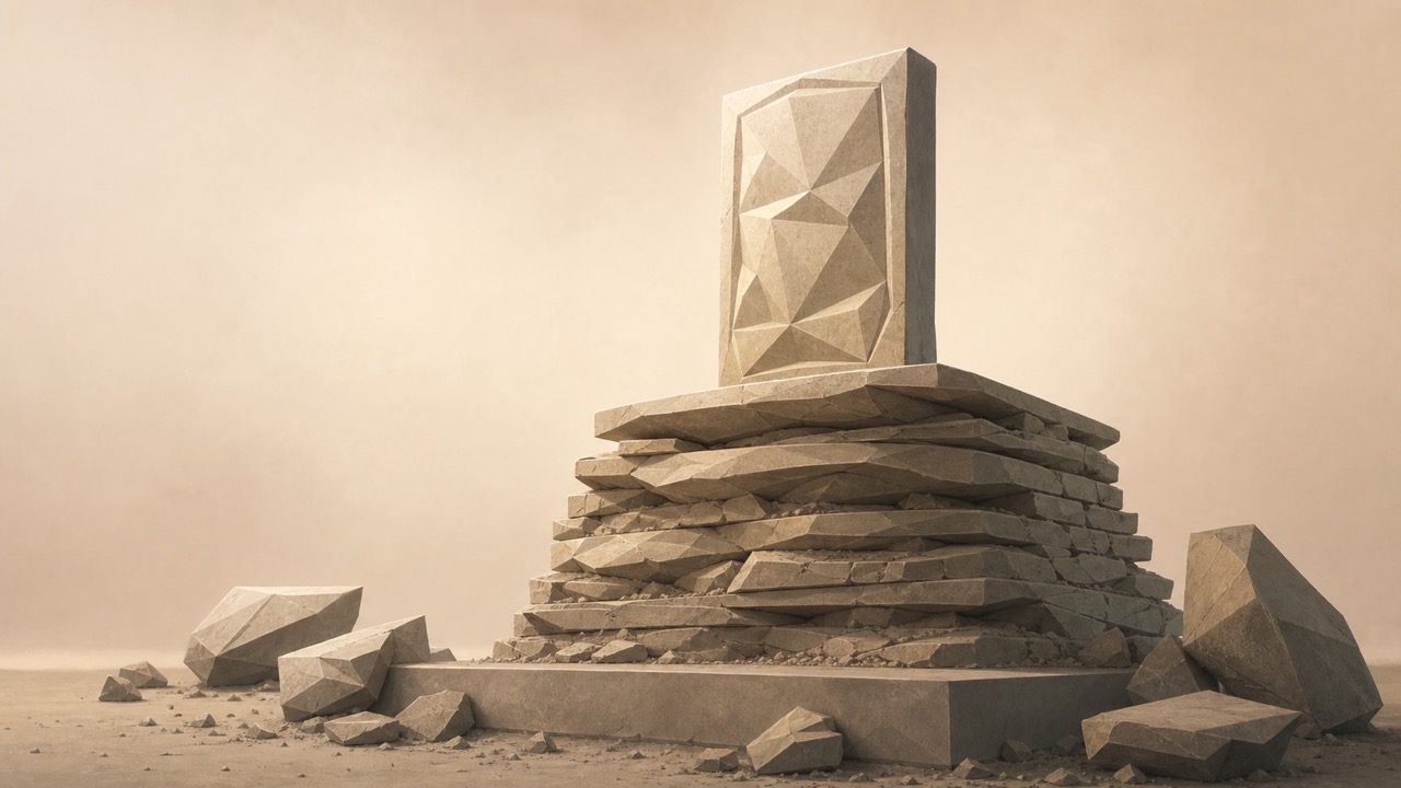 Ilustración monumental en tonos papiro cálido y grafito, con estética poligonal de piedra tallada, vista en perspectiva oblicua y de ánimo sereno y paciente, no sombrío. Un único panel o tablilla de piedra facetada se alza terminado y bien iluminado sobre un zócalo bajo: una forma resuelta y entera. Pero se revela como la capa más alta de un grueso apilamiento: debajo de ella, y visibles en parte por los bordes y la base, yacen muchas versiones anteriores del mismo panel, amontonadas como estratos sedimentarios, agrietadas, abandonadas, a medio tallar, cada una algo distinta, comprimidas y enterradas bajo la que por fin funcionó. Alrededor del zócalo reposan algunos fragmentos más, descartados. La pieza terminada es pequeña; la masa enterrada de intentos fallidos que la sostiene es mucho mayor. Lo que se alza iluminado es un acierto apoyado sobre un estrato profundo de error. El tono es cálido y paciente.