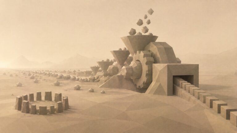Ilustración monumental en tonos papiro cálido y grafito, con estética poligonal de piedra tallada, vista en perspectiva oblicua. En primer plano, una vasta maquinaria de piedra hecha de engranajes, embudos y canales tallados en roca absorbe y procesa cuanto pasa por ella, aplanando formas diversas en un único flujo uniforme de bloques idénticos que sale por un lado. Casi todo lo que hay en la llanura es arrastrado hacia esa máquina. Pero apartada, a un lado, una pequeña construcción de piedra que se sostiene sola, un modesto círculo de piedras erguidas reunidas en torno a un suelo interior compartido, permanece fuera de su atracción: nada fluye de ella hacia los embudos, conserva su forma, gobernada por su propio anillo cerrado en lugar de alimentar el flujo uniforme. La máquina convierte en igualdad todo lo que entra; el pequeño recinto, por cómo está construido y cerrado, es lo único que la máquina no puede absorber. El tono es grave y sereno.