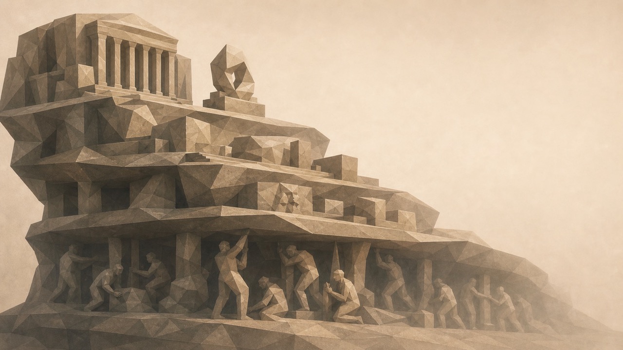 Ilustración facetada en tonos sepia: una estructura escalonada coronada por un templo clásico y una escultura, sostenida por figuras humanas que trabajan en su base.