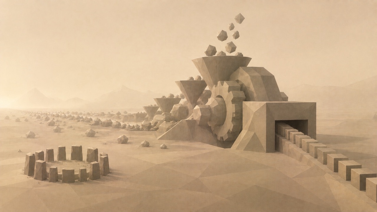 Ilustración monumental en tonos papiro cálido y grafito, con estética poligonal de piedra tallada, vista en perspectiva oblicua. En primer plano, una vasta maquinaria de piedra hecha de engranajes, embudos y canales tallados en roca absorbe y procesa cuanto pasa por ella, aplanando formas diversas en un único flujo uniforme de bloques idénticos que sale por un lado. Casi todo lo que hay en la llanura es arrastrado hacia esa máquina. Pero apartada, a un lado, una pequeña construcción de piedra que se sostiene sola, un modesto círculo de piedras erguidas reunidas en torno a un suelo interior compartido, permanece fuera de su atracción: nada fluye de ella hacia los embudos, conserva su forma, gobernada por su propio anillo cerrado en lugar de alimentar el flujo uniforme. La máquina convierte en igualdad todo lo que entra; el pequeño recinto, por cómo está construido y cerrado, es lo único que la máquina no puede absorber. El tono es grave y sereno.