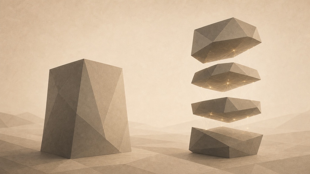 Ilustración minimalista en tonos papiro cálido y grafito, vista en perspectiva oblicua. A un lado de la escena se alza un único bloque poligonal macizo, sin junturas visibles, cerrado: una sola pieza sólida. Al otro lado está el mismo volumen, pero descompuesto en cuatro o cinco partes claramente separadas, cada una flotando a una altura ligeramente distinta y apartada de las demás, sostenidas juntas solo por finos filamentos de luz cálida que las mantienen funcionando como un conjunto. La misma función, dos arquitecturas: soldada en bloque, o separable y a la vez conectada. No hay iconos de aplicaciones, logos, pantallas, dispositivos ni figuras humanas. La escena se aleja hacia un punto de fuga bajo.