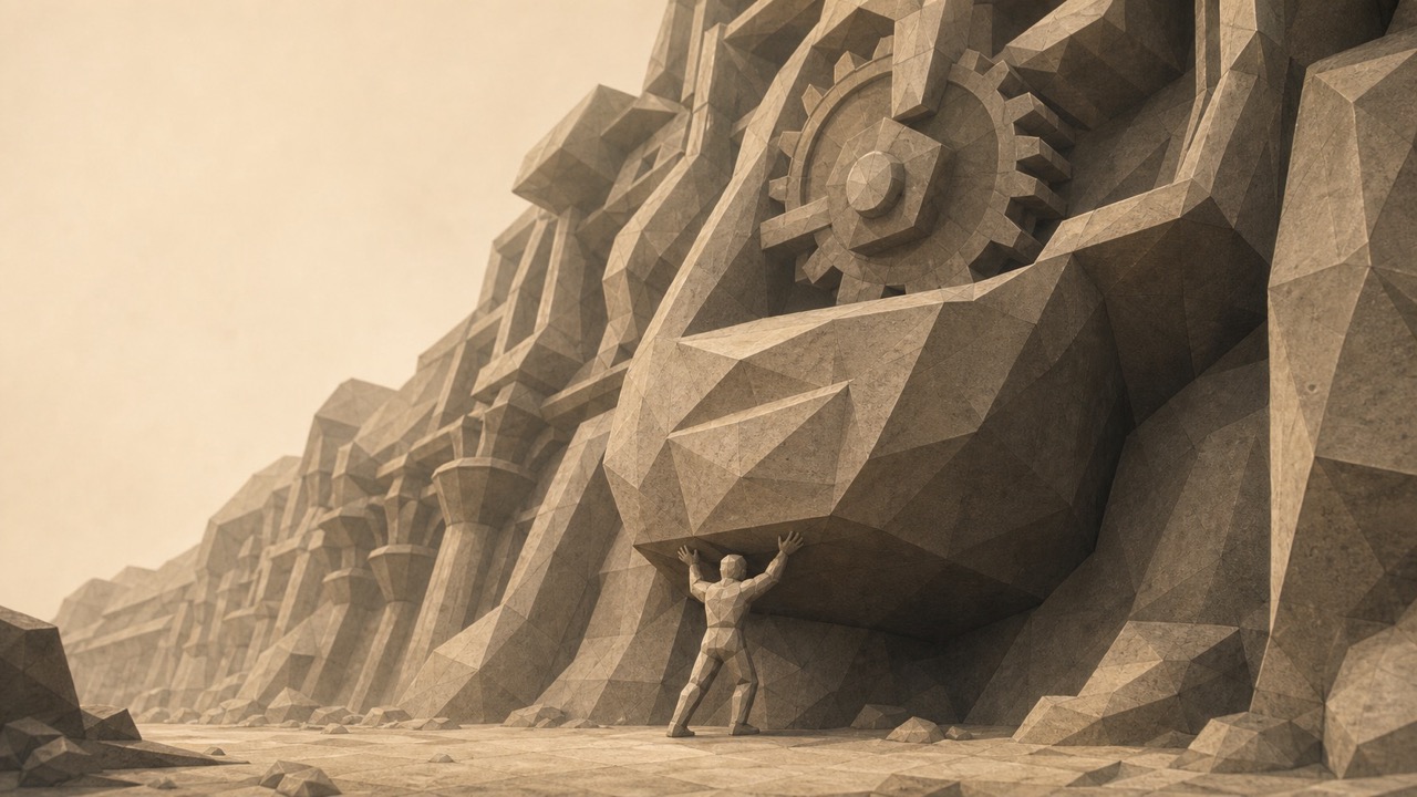 Ilustración monumental en tonos papiro cálido y grafito, con estética poligonal de piedra tallada, vista en perspectiva oblicua. Una sola figura antropomorfa de piedra, pequeña y de espaldas, se alza al pie de una estructura inmensa: un vasto muro o presa de piedra facetada hecho de canales, engranajes y embudos ensamblados, construido por manos ajenas, que se eleva muy por encima de ella y desde el que una enorme masa presiona hacia abajo y hacia la figura. La diminuta figura levanta los brazos como si se le pidiera contener, ella sola, toda esa masa monumental. La escala es deliberadamente imposible: el aparato construido es colosal; la figura solitaria, mínima. La figura no construyó la estructura: solo ha sido colocada a su pie y se espera que la resista. El tono es grave y sereno.
