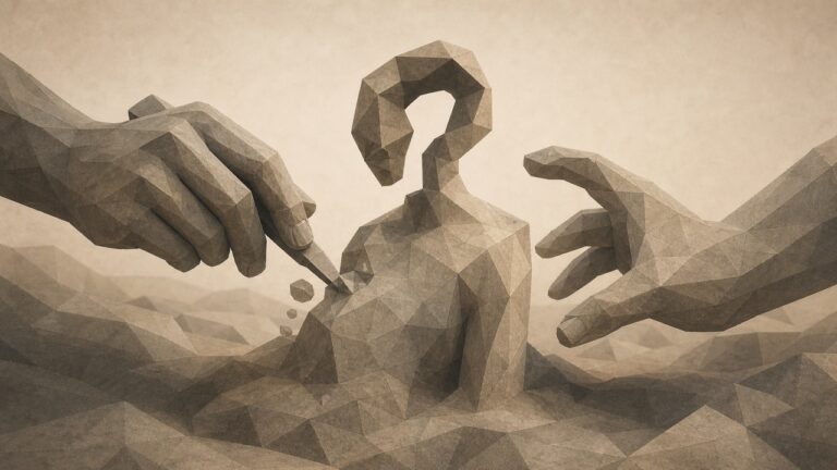Ilustración monumental en tonos papiro cálido y grafito, con estética poligonal de piedra tallada, vista oblicua, de ánimo sereno y equilibrado. En el centro emerge una figura escultórica de piedra facetada en proceso de formación, abstracta, sin rostro reconocible. Desde un lado, unas grandes manos de piedra modelan su superficie; desde el otro, un segundo par de manos dispone y orienta la figura en el espacio con un gesto abierto. Ambos pares son iguales en tamaño, en luz y en actividad. Entre ellos, sobre la figura, un hueco sin tallar marca una pregunta abierta. Una obra atribuida públicamente a un autor, dos aportaciones creativas en disputa y ninguna decisión judicial sobre el fondo. El tono es grave, sereno y equilibrado.