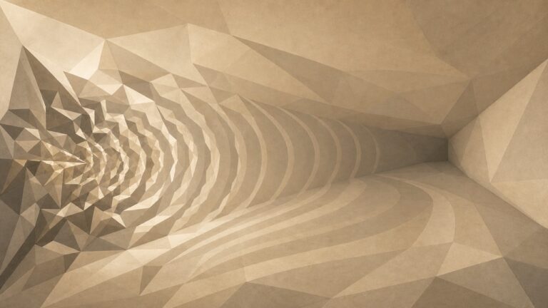 Ilustración minimalista en tonos papiro cálido y grafito, vista interior oblicua de una sala poligonal con profundidad. Una forma sonora abstracta, ondas u ondulaciones poligonales concéntricas, emana desde un lado. En primer plano las ondas son intrincadas, quebradas, articuladas, como el habla legible; a medida que recorren la sala y rebotan hacia el fondo, se van simplificando y alisando hasta convertirse en un patrón puro, limpio y resonante que dibuja la forma y las proporciones de la propia sala. El sonido articulado del principio se convierte, por repetición a través del espacio, en la huella acústica del cuarto. No hay instrumentos, ni figura humana, ni micrófonos o altavoces literales: solo las ondas sonoras abstractas y la sala poligonal que revelan. La sala se aleja hacia un punto de fuga bajo.