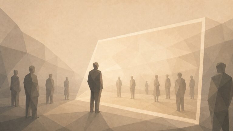 Ilustración minimalista en tonos papiro cálido y grafito, vista oblicua de un espacio compartido (un interior o una plaza) con profundidad. En el centro, una figura humana genérica, silueta plana poligonal sin rostro ni rasgos, vista a media distancia, produce una imagen: de ella se proyecta un marco rectangular abstracto, un campo de captura que cae sobre el espacio de delante. Otras siluetas humanas genéricas, de pie alrededor en el mismo espacio, quedan atrapadas dentro de ese marco proyectado, reducidas a fondo, a decorado, a figurantes de una escena que no es la suya. El encuadre de una sola persona reorganiza y absorbe el espacio compartido de todas las demás. Las figuras son siluetas planas y poligonales sin rostro. El espacio se aleja hacia un punto de fuga bajo.