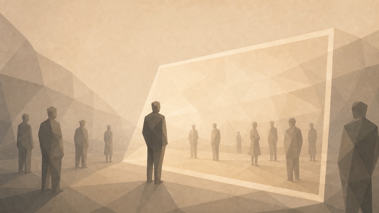 Ilustración minimalista en tonos papiro cálido y grafito, vista oblicua de un espacio compartido (un interior o una plaza) con profundidad. En el centro, una figura humana genérica, silueta plana poligonal sin rostro ni rasgos, vista a media distancia, produce una imagen: de ella se proyecta un marco rectangular abstracto, un campo de captura que cae sobre el espacio de delante. Otras siluetas humanas genéricas, de pie alrededor en el mismo espacio, quedan atrapadas dentro de ese marco proyectado, reducidas a fondo, a decorado, a figurantes de una escena que no es la suya. El encuadre de una sola persona reorganiza y absorbe el espacio compartido de todas las demás. Las figuras son siluetas planas y poligonales sin rostro. El espacio se aleja hacia un punto de fuga bajo.
