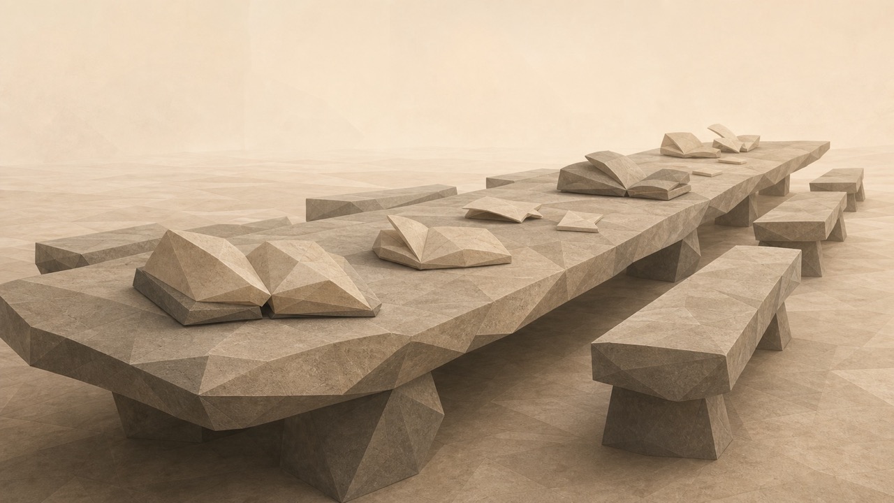 Ilustración en tonos papiro y grafito, de estética poligonal. Una mesa de piedra muy larga, con bancos y sitios libres, sostiene una serie de libros abiertos y pliegos dispuestos para quien llegue; en el extremo más cercano, un asiento queda ligeramente separado.