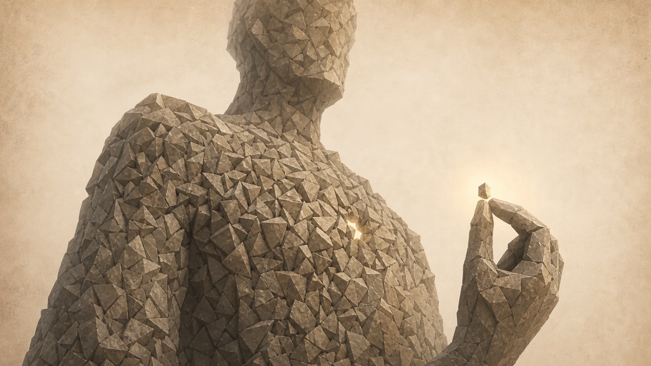 Ilustración facetada en tonos sepia: una figura humana formada por fragmentos sostiene entre los dedos un pequeño punto de luz; otro brilla en su pecho.
