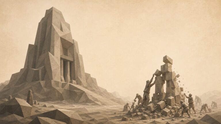 Ilustración monumental en tonos papiro cálido y grafito, con estética poligonal de piedra tallada, vista en perspectiva oblicua, de ánimo grave. A un lado se alza un único y vasto edificio de piedra, firmemente cimentado y completo, profundamente arraigado, construido para durar: una estructura a la que se ha concedido permanencia. Al otro lado, varias figuras pequeñas levantan una y otra vez una estructura frágil y provisional que, a la misma velocidad que sube, se deshace en bloques sueltos por su base, obligándolas a reconstruirla sin descanso, sin que nunca llegue a asentar. La misma luz cálida cae sobre ambas, pero solo el gran edificio conserva su forma; la construcción pequeña y recurrente debe rehacerse en cada ciclo y jamás se consolida. El contraste es entre lo que recibe duración y lo que debe proponerse de nuevo perpetuamente. El tono es grave y sereno.