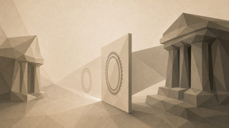 Ilustración minimalista en tonos papiro cálido y grafito, vista en perspectiva oblicua. En el centro, un único panel poligonal, una tabla pequeña vista en ángulo, con la superficie completamente lisa, sin imagen representada, sin retrato ni rostro dentro. A cada lado, una estructura institucional de planos poligonales apilados proyecta sobre esa misma superficie una marca abstracta de autoría distinta, con forma de sello y sin palabras. Las dos marcas proyectadas caen sobre la superficie idéntica y no coinciden. La asimetría importa: una proyección es más densa y nítida, sostenida por muchos planos detrás; la otra es más tenue y delgada, sostenida por menos. El panel permanece inalterado y no participa en la disputa. La escena se aleja hacia un punto de fuga bajo.