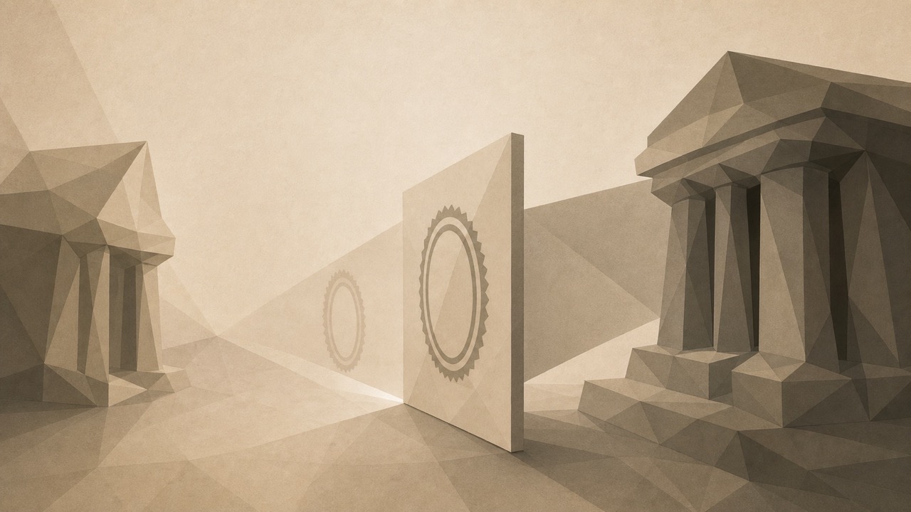 Ilustración minimalista en tonos papiro cálido y grafito, vista en perspectiva oblicua. En el centro, un único panel poligonal, una tabla pequeña vista en ángulo, con la superficie completamente lisa, sin imagen representada, sin retrato ni rostro dentro. A cada lado, una estructura institucional de planos poligonales apilados proyecta sobre esa misma superficie una marca abstracta de autoría distinta, con forma de sello y sin palabras. Las dos marcas proyectadas caen sobre la superficie idéntica y no coinciden. La asimetría importa: una proyección es más densa y nítida, sostenida por muchos planos detrás; la otra es más tenue y delgada, sostenida por menos. El panel permanece inalterado y no participa en la disputa. La escena se aleja hacia un punto de fuga bajo.