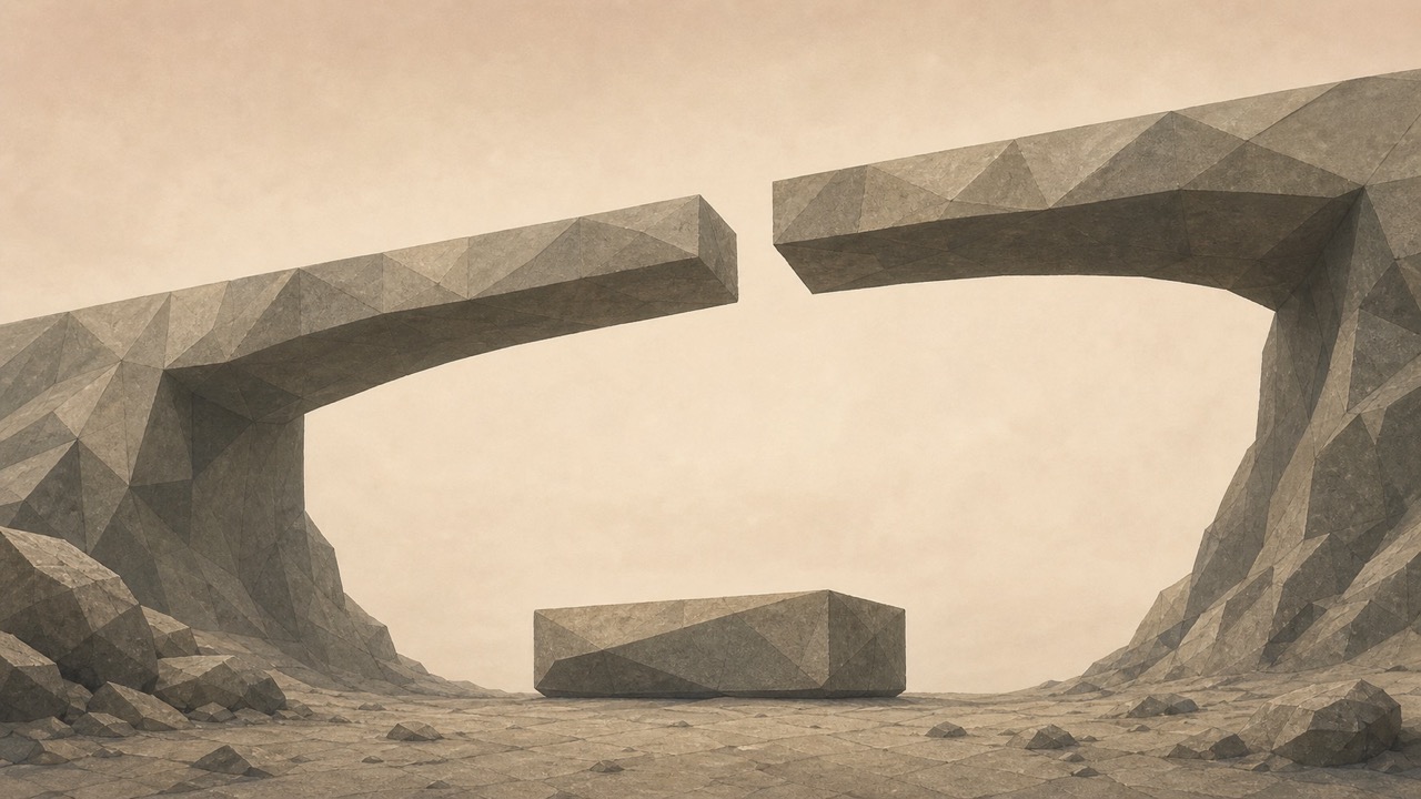 Ilustración facetada en tonos sepia: un puente de piedra roto por la mitad sobre un terreno pedregoso, con un bloque rectangular caído debajo.