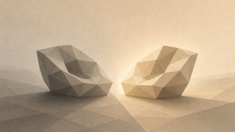 Ilustración minimalista en tonos papiro cálido y grafito, vista en perspectiva oblicua. Dos formas poligonales gemelas, casi idénticas en contorno, colocadas en paralelo con un pequeño hueco o umbral entre ellas: son el mismo objeto, la misma obra. Pero están representadas a dos temperaturas afectivas distintas, logradas solo mediante el valor y la cercanía de la luz: una está bañada por una luz suave, cercana y envolvente, que sugiere intimidad; la otra reposa en una luz más tenue y distante, que sugiere formalidad. Las formas son iguales; solo cambia la temperatura de la luz alrededor de cada una. En el pequeño hueco entre ambas, donde una temperatura se vuelve la otra, está el punto en que la traducción decide. No hay texto ni palabras pese al tema lingüístico, ni figura humana. Las formas reposan sobre un plano que se aleja hacia un punto de fuga bajo.