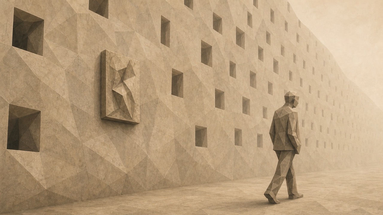 Ilustración facetada en tonos sepia: un hombre camina junto a un muro largo con huecos cuadrados; en uno de ellos hay una placa con una forma de letra.