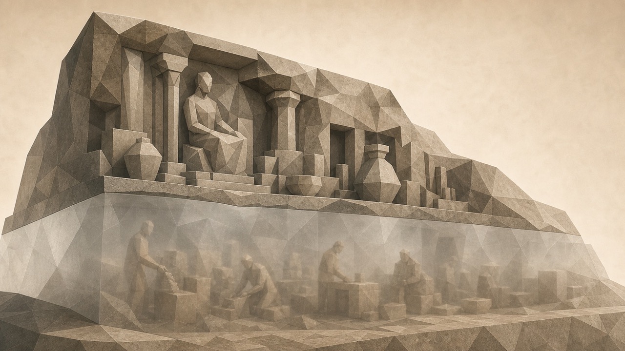 Ilustración facetada en tonos sepia: una fachada con columnas y figuras sentadas sobre una base translúcida, dentro de la cual trabajan figuras humanas.