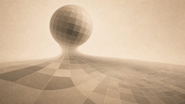 Ilustración minimalista en tonos papiro cálido y grafito, vista en perspectiva oblicua. Una forma esférica poligonal, un globo envuelto solo en una retícula abstracta de celdas cuadrangulares, sin continentes, países ni fronteras reconocibles, se sitúa en la parte alta de la escena, íntegra. De ella, la malla se despliega o proyecta hacia abajo sobre un plano, y al hacerlo la retícula se deforma visiblemente: en una zona las celdas se estiran y agrandan, en otra se comprimen y encogen; la distorsión es desigual, visible e inevitable. La esfera entera arriba y su aplanamiento deformado abajo, juntos, dicen una sola cosa: aplanar la esfera siempre deforma algo. Es solo una retícula abstracta, nunca un mapa real. El plano se aleja hacia un punto de fuga bajo.