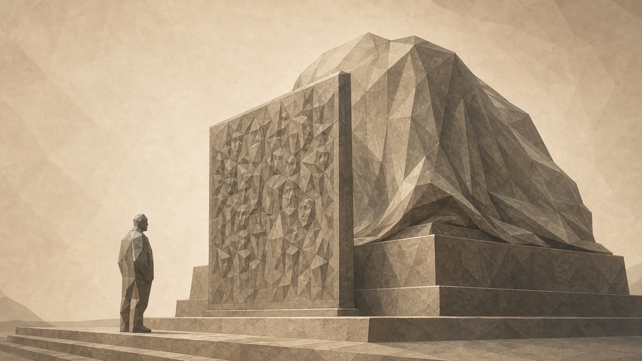 Ilustración monumental en tonos papiro cálido y grafito, con estética poligonal de piedra tallada, vista oblicua, de ánimo grave. Sobre un pedestal se alza una gran forma de piedra facetada todavía velada: un libro u obra monumental cuya silueta está envuelta en un paño de piedra, aún sin revelar, con su superficie verdadera oculta. Entre esa forma velada y una pequeña figura antropomorfa de piedra que se acerca a mirar, se ha erigido un segundo panel más delgado, justo delante de la obra cubierta: una pantalla tallada ya cubierta de densas marcas e impresiones, plantada como un veredicto colocado ante aquello que juzga. La pequeña figura lee el panel interpuesto en lugar de la obra velada que hay detrás, que todavía no puede ver. El panel llegó primero y bloquea el encuentro. El tono es grave y sereno, con la sensación de algo prejuzgado.