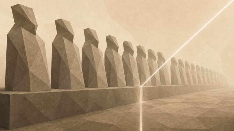 Ilustración monumental en tonos papiro cálido y grafito, con estética poligonal de piedra tallada, vista en perspectiva oblicua a lo largo de una hilera que se aleja en profundidad. Una larga fila de formas monumentales de piedra idénticas se alza sobre una base común: la misma fundición repetida, forma tras forma, todas indistinguibles entre sí en forma, tamaño y hechura, como bronces idénticos representados en piedra facetada. Atravesando la fila en un punto exacto cae una única línea de luz recta, fina y externa, que entra desde fuera del encuadre: inflexible, administrativa, ajena a las formas mismas. Esa línea, y nada más, divide la hilera idéntica en dos mitades: las formas anteriores y las posteriores son materialmente iguales, y sin embargo la línea las separa en dos categorías. Nada en la piedra difiere de un lado a otro; solo la línea trazada desde fuera las asigna a lados distintos. El tono es grave y sereno.