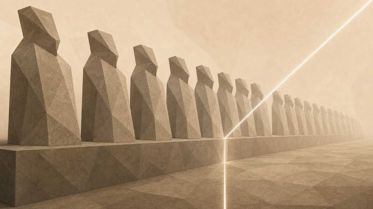 Ilustración monumental en tonos papiro cálido y grafito, con estética poligonal de piedra tallada, vista en perspectiva oblicua a lo largo de una hilera que se aleja en profundidad. Una larga fila de formas monumentales de piedra idénticas se alza sobre una base común: la misma fundición repetida, forma tras forma, todas indistinguibles entre sí en forma, tamaño y hechura, como bronces idénticos representados en piedra facetada. Atravesando la fila en un punto exacto cae una única línea de luz recta, fina y externa, que entra desde fuera del encuadre: inflexible, administrativa, ajena a las formas mismas. Esa línea, y nada más, divide la hilera idéntica en dos mitades: las formas anteriores y las posteriores son materialmente iguales, y sin embargo la línea las separa en dos categorías. Nada en la piedra difiere de un lado a otro; solo la línea trazada desde fuera las asigna a lados distintos. El tono es grave y sereno.
