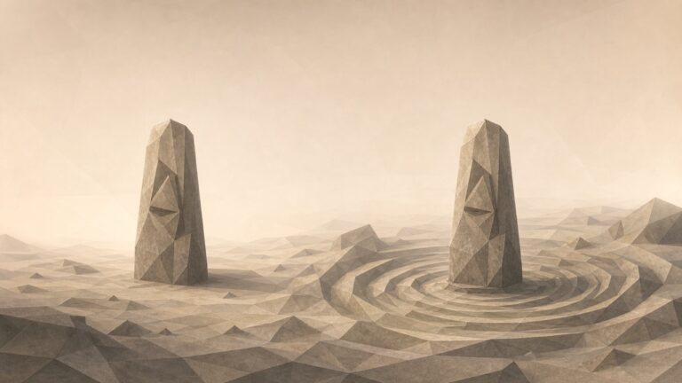 Ilustración monumental en tonos papiro cálido y grafito, con estética poligonal de piedra tallada, vista en perspectiva oblicua con profundidad. Dos grandes monolitos gemelos se alzan sobre una misma llanura, uno junto al otro pero separados, idénticos en silueta, talla y desgaste, imposibles de distinguir a simple vista. Alrededor del primero, el suelo, la niebla baja y los elementos dispersos permanecen inertes y estáticos. Alrededor del segundo, idéntico, el terreno se reorganiza en silencio: el suelo poligonal, la bruma y las formas cercanas se pliegan y realinean de forma concéntrica en respuesta a su presencia, como si esa piedra reordenara el campo en que se levanta. Las dos piedras son iguales; la diferencia está solo en lo que una hace al espacio que la rodea, visible en el paisaje y nunca en la piedra misma. El tono es grave y sereno.