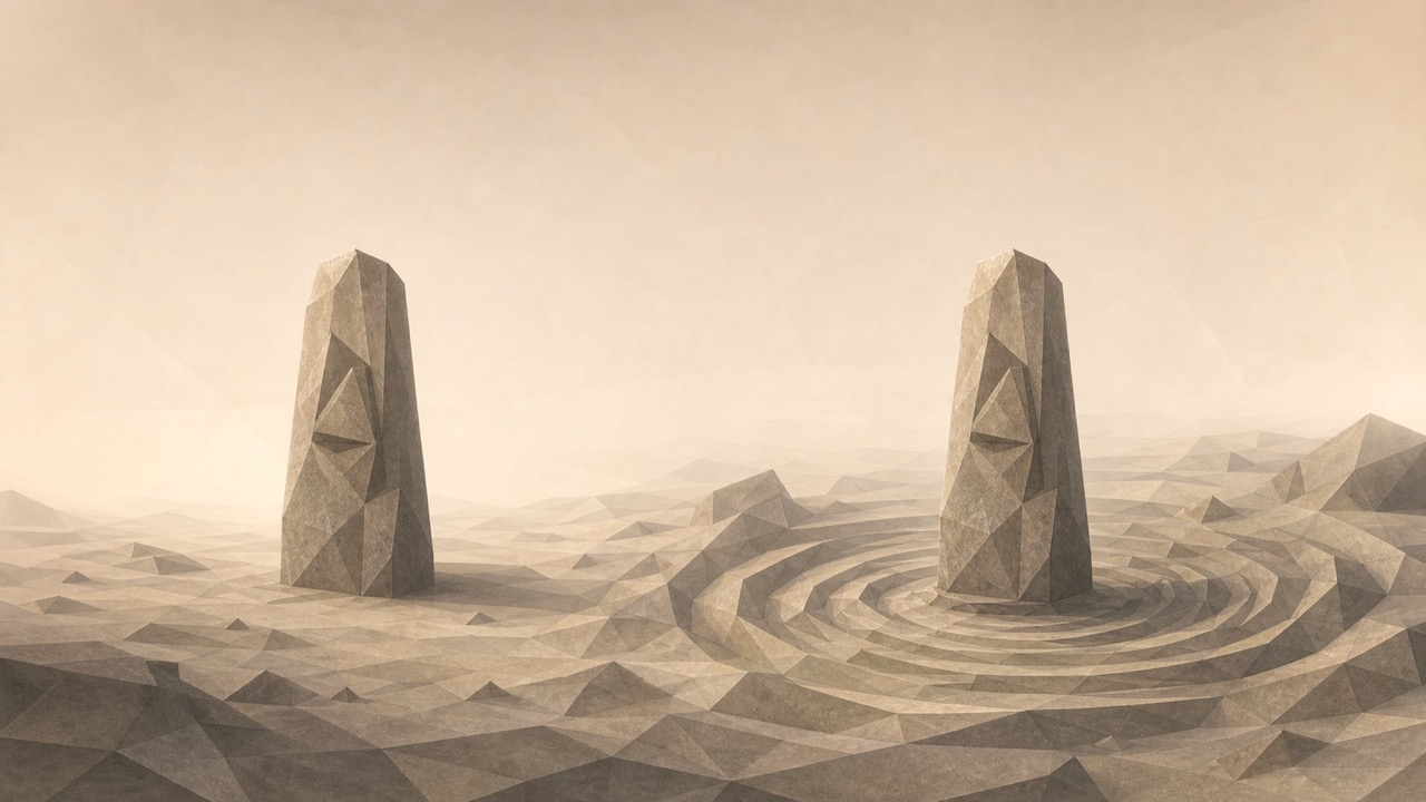 Ilustración monumental en tonos papiro cálido y grafito, con estética poligonal de piedra tallada, vista en perspectiva oblicua con profundidad. Dos grandes monolitos gemelos se alzan sobre una misma llanura, uno junto al otro pero separados, idénticos en silueta, talla y desgaste, imposibles de distinguir a simple vista. Alrededor del primero, el suelo, la niebla baja y los elementos dispersos permanecen inertes y estáticos. Alrededor del segundo, idéntico, el terreno se reorganiza en silencio: el suelo poligonal, la bruma y las formas cercanas se pliegan y realinean de forma concéntrica en respuesta a su presencia, como si esa piedra reordenara el campo en que se levanta. Las dos piedras son iguales; la diferencia está solo en lo que una hace al espacio que la rodea, visible en el paisaje y nunca en la piedra misma. El tono es grave y sereno.