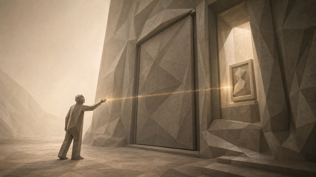 Ilustración facetada en tonos sepia: una figura dirige un haz de luz hacia un cuadro colocado en un nicho junto a una gran puerta cerrada.