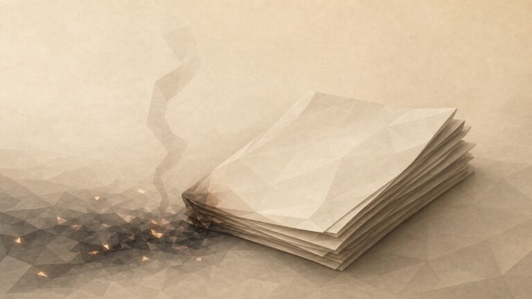 Ilustración minimalista en tonos papiro cálido y grafito, vista en perspectiva oblicua. Un fajo poligonal de páginas de manuscrito reposa justo al borde de un fuego que no las ha consumido. El fuego apenas se insinúa: unas brasas cálidas tenues, una fina voluta de humo poligonal que se eleva, un mínimo chamuscado en una esquina de la página inferior, y ya está cediendo, retirándose, sin alcanzar el grueso de las páginas. El manuscrito está intacto, entero, salvado en el último momento, con las hojas legibles como planos poligonales en blanco, sin texto. La obra salvada y el fuego evitado conviven en una imagen serena: lo que se ordenó quemar permanece. No hay mano ni figura humana; el rescate se insinúa por la supervivencia de las páginas, no se muestra. Las páginas reposan sobre un plano que se aleja hacia un punto de fuga bajo.