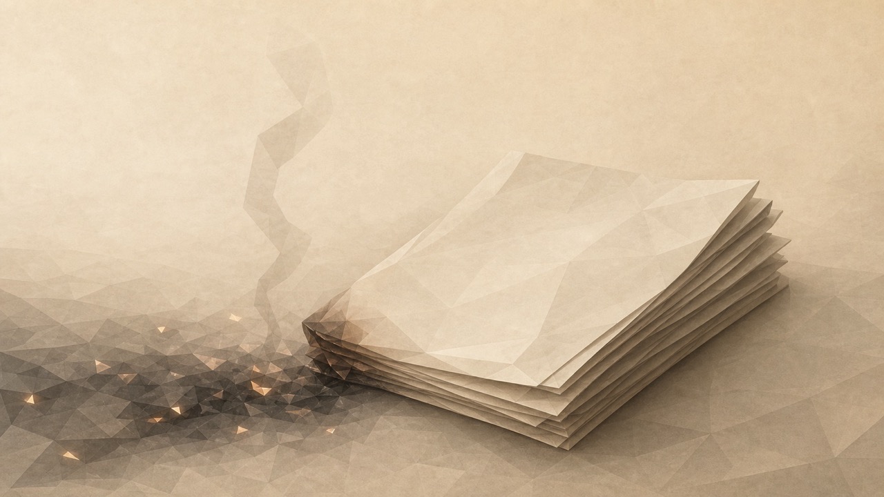 Ilustración minimalista en tonos papiro cálido y grafito, vista en perspectiva oblicua. Un fajo poligonal de páginas de manuscrito reposa justo al borde de un fuego que no las ha consumido. El fuego apenas se insinúa: unas brasas cálidas tenues, una fina voluta de humo poligonal que se eleva, un mínimo chamuscado en una esquina de la página inferior, y ya está cediendo, retirándose, sin alcanzar el grueso de las páginas. El manuscrito está intacto, entero, salvado en el último momento, con las hojas legibles como planos poligonales en blanco, sin texto. La obra salvada y el fuego evitado conviven en una imagen serena: lo que se ordenó quemar permanece. No hay mano ni figura humana; el rescate se insinúa por la supervivencia de las páginas, no se muestra. Las páginas reposan sobre un plano que se aleja hacia un punto de fuga bajo.