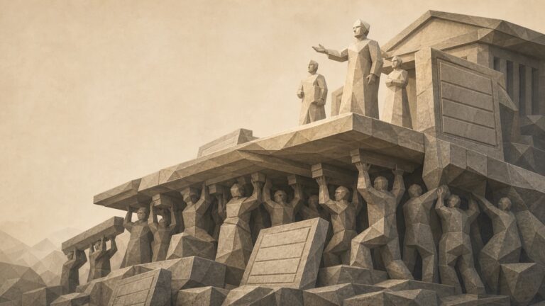 Ilustración monumental en tonos papiro cálido y grafito, con estética poligonal de piedra tallada, vista en sección, de ánimo sereno y digno. Una estructura institucional monumental de piedra se muestra en corte. En su plataforma superior, iluminada y prominente, unas pocas figuras antropomorfas de piedra están en actitud visible y representativa, presentando, siendo vistas. Debajo y dentro, sosteniendo la plataforma con esfuerzo firme pero sin estar aplastadas ni sufrientes, muchas más figuras hacen el trabajo que sostiene: cargan, ensamblan, apuntalan las vigas. Las de arriba son pocas y están iluminadas; las que sostienen son muchas y están en una luz más suave, dignas, sin sufrimiento. A lo largo de toda la estructura hay tenues registros o paneles de recuento tallados en la piedra, en blanco, sin marcar, como si nunca se hubiera anotado quién hace qué. El sostén es real y el recuento falta. El tono es grave, sereno y digno, sin melodrama.
