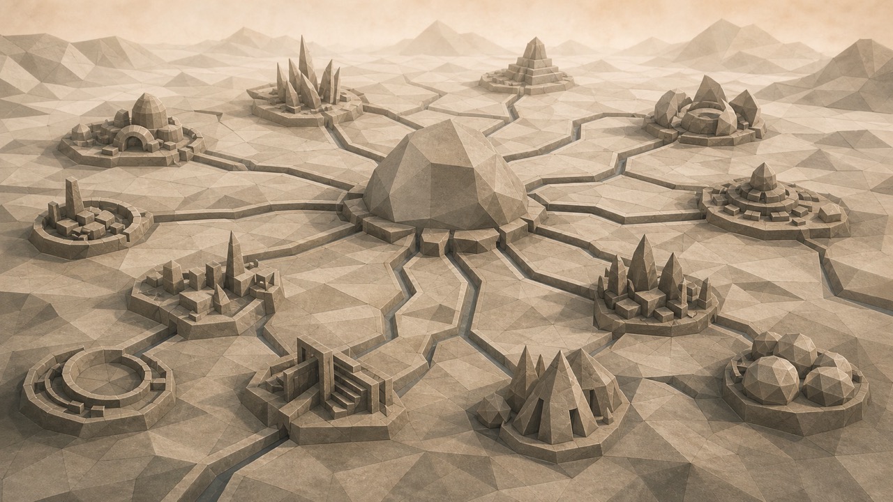 Ilustración facetada en tonos sepia: un bloque central unido por caminos a varios grupos de edificios pequeños repartidos por una llanura.