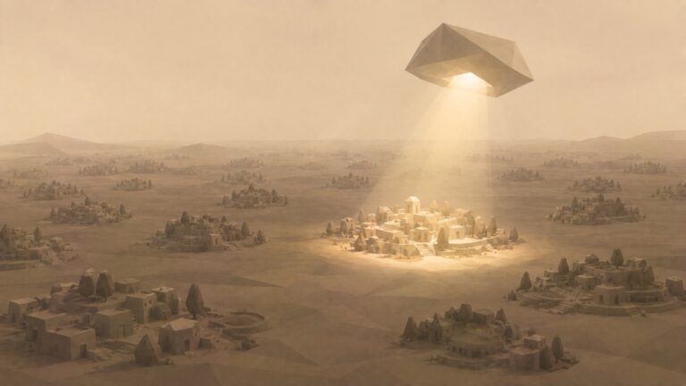 Ilustración monumental en tonos papiro cálido y grafito, con estética poligonal de piedra tallada, vista en perspectiva aérea oblicua. Una vasta llanura se cubre, hasta el horizonte, de muchos asentamientos humanos de piedra facetada, todos de igual factura: racimos de viviendas, terrazas, árboles y pequeñas calles, cada uno entero y labrado con el mismo cuidado, repartidos por igual sobre toda la tierra. Pero solo uno de ellos, descentrado, queda bajo un único haz de luz cálida que cae desde una abertura sobre él: sus tejados, árboles y calles poligonales aparecen iluminados, legibles, vivos. Todos los demás asentamientos, mucho más numerosos, se extienden por el resto de la llanura en penumbra uniforme, completos, habitados, tallados con el mismo esmero, pero sin luz, sin alcanzar, oscuros hasta el horizonte. Todos son iguales en su hechura; solo se ve el que queda bajo la luz. El tono es grave y sereno.