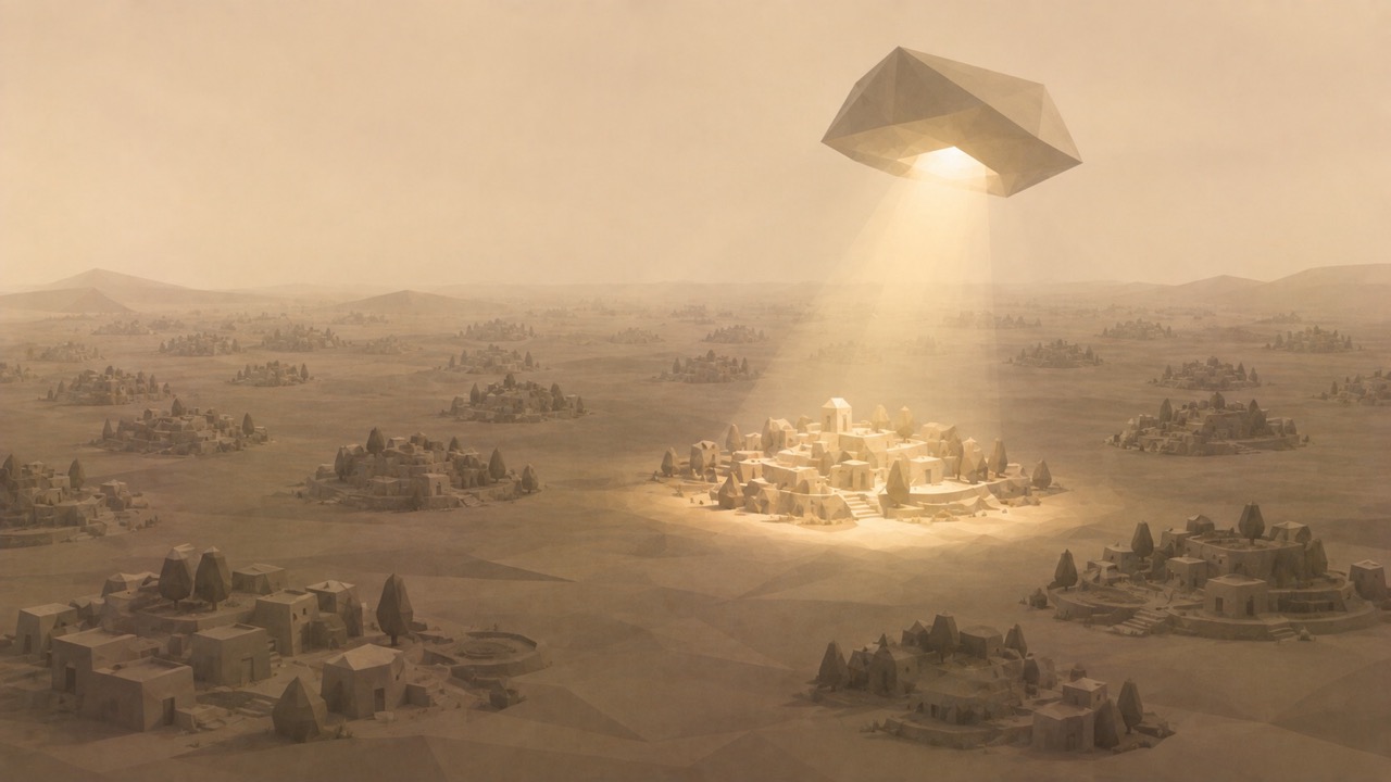Ilustración monumental en tonos papiro cálido y grafito, con estética poligonal de piedra tallada, vista en perspectiva aérea oblicua. Una vasta llanura se cubre, hasta el horizonte, de muchos asentamientos humanos de piedra facetada, todos de igual factura: racimos de viviendas, terrazas, árboles y pequeñas calles, cada uno entero y labrado con el mismo cuidado, repartidos por igual sobre toda la tierra. Pero solo uno de ellos, descentrado, queda bajo un único haz de luz cálida que cae desde una abertura sobre él: sus tejados, árboles y calles poligonales aparecen iluminados, legibles, vivos. Todos los demás asentamientos, mucho más numerosos, se extienden por el resto de la llanura en penumbra uniforme, completos, habitados, tallados con el mismo esmero, pero sin luz, sin alcanzar, oscuros hasta el horizonte. Todos son iguales en su hechura; solo se ve el que queda bajo la luz. El tono es grave y sereno.