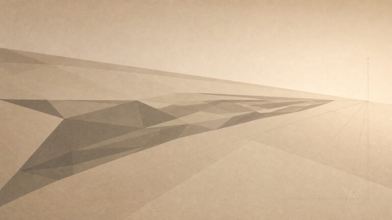 Ilustración minimalista en tonos papiro cálido y grafito, vista en perspectiva muy oblicua y rasante. Un gran plano poligonal, como un suelo o la superficie de un cuadro, se ve casi de canto, en ángulo agudo. Sobre él se extiende una forma poligonal alargada y estirada que, desde este punto de vista oblicuo, aparece deformada y difícil de leer, como un borrón geométrico. Unas sutiles líneas de construcción y la fuerte fuga de la perspectiva sugieren una segunda posición lateral desde la cual esa misma forma se enderezaría y volvería coherente, mientras el resto del plano se deformaría a su vez. La imagen hace visible que una posición vuelve legible una forma e ilegible otra: la misma superficie contiene dos lecturas incompatibles según dónde se sitúe quien mira. Es una forma geométrica abstracta, no una calavera. El plano se aleja hacia un punto de fuga bajo.