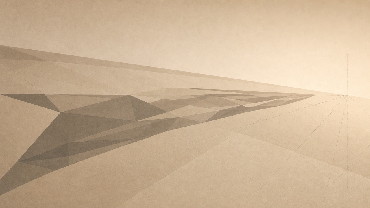 Ilustración minimalista en tonos papiro cálido y grafito, vista en perspectiva muy oblicua y rasante. Un gran plano poligonal, como un suelo o la superficie de un cuadro, se ve casi de canto, en ángulo agudo. Sobre él se extiende una forma poligonal alargada y estirada que, desde este punto de vista oblicuo, aparece deformada y difícil de leer, como un borrón geométrico. Unas sutiles líneas de construcción y la fuerte fuga de la perspectiva sugieren una segunda posición lateral desde la cual esa misma forma se enderezaría y volvería coherente, mientras el resto del plano se deformaría a su vez. La imagen hace visible que una posición vuelve legible una forma e ilegible otra: la misma superficie contiene dos lecturas incompatibles según dónde se sitúe quien mira. Es una forma geométrica abstracta, no una calavera. El plano se aleja hacia un punto de fuga bajo.