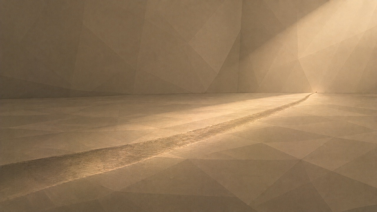 Ilustración minimalista en tonos papiro cálido y grafito, vista interior baja y oblicua a lo largo del suelo de una habitación poligonal desnuda, con fuerte perspectiva y punto de fuga bajo. Sobre ese suelo, un camino aparece desgastado en la propia superficie: un surco, una franja pulida, una leve depresión que va de un lado hacia un único punto fijo junto a la pared, repetido tantas veces que la materia misma ha quedado modelada por el paso. El desgaste es profundo e inequívoco, la huella acumulada de miles de recorridos idénticos. Pero no hay ninguna figura presente, y nada señala qué había al final del camino: la habitación está completamente vacía. Solo el suelo gastado da prueba de que algo ocurrió aquí, una y otra vez, durante mucho tiempo. Queda el rastro; el acto se ha ido.