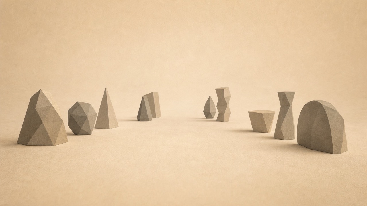 Ilustración minimalista en tonos papiro cálido y grafito, vista en perspectiva oblicua. Dos grupos de formas poligonales, uno a cada lado de la escena. Las piezas individuales de cada grupo son completamente distintas de las del otro: siluetas, tamaños y perfiles diferentes, sin compartir ninguna forma. Y sin embargo ambos grupos trazan exactamente la misma configuración: el mismo ritmo de posiciones, el mismo espaciado y, sobre todo, la misma pieza que falta, porque en cada grupo una posición del conjunto está vacía, y es precisamente la misma posición en los dos. Esa ausencia idéntica es lo único que ambos grupos comparten. Las piezas han sido sustituidas por completo; la estructura y su hueco se conservan. No hay letras, tipografía, libros ni figuras humanas. La escena se aleja hacia un punto de fuga bajo.