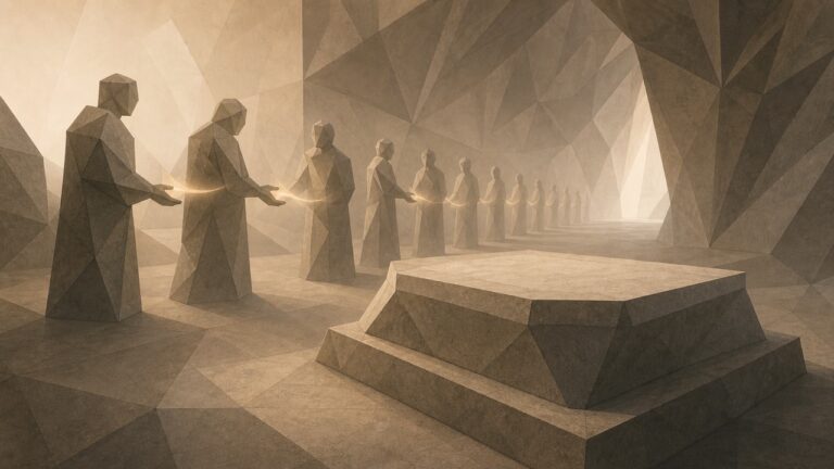 Ilustración monumental en tonos papiro cálido y grafito, con estética poligonal de piedra tallada, vista en perspectiva oblicua del interior de una gran sala. Un pedestal monumental de piedra, preparado e iluminado, se alza completamente vacío: nada reposa sobre él, ni objeto ni inscripción. Apartada del pedestal, una hilera de figuras antropomorfas de piedra se dispone una tras otra, cada una vuelta levemente hacia la siguiente, y entre ellas pasa una suave corriente de luz cálida, como si una figura entregara algo invisible a la siguiente, y esta a la siguiente: un relevo de lo inasible que va de cuerpo a cuerpo. El pedestal no sostiene nada; lo que debería haber reposado allí sobrevive solo en ese paso de mano en mano a lo largo de la hilera. La obra no está en la vitrina ni en ningún documento: vive únicamente en la transmisión entre personas. El tono es grave y sereno.