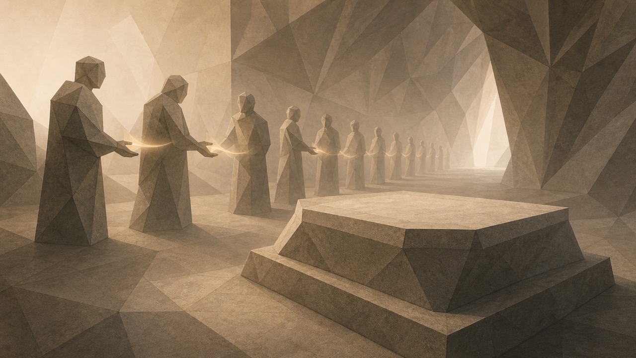 Ilustración monumental en tonos papiro cálido y grafito, con estética poligonal de piedra tallada, vista en perspectiva oblicua del interior de una gran sala. Un pedestal monumental de piedra, preparado e iluminado, se alza completamente vacío: nada reposa sobre él, ni objeto ni inscripción. Apartada del pedestal, una hilera de figuras antropomorfas de piedra se dispone una tras otra, cada una vuelta levemente hacia la siguiente, y entre ellas pasa una suave corriente de luz cálida, como si una figura entregara algo invisible a la siguiente, y esta a la siguiente: un relevo de lo inasible que va de cuerpo a cuerpo. El pedestal no sostiene nada; lo que debería haber reposado allí sobrevive solo en ese paso de mano en mano a lo largo de la hilera. La obra no está en la vitrina ni en ningún documento: vive únicamente en la transmisión entre personas. El tono es grave y sereno.