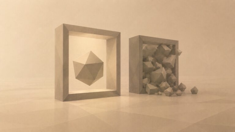Ilustración minimalista en tonos papiro cálido y grafito, vista en perspectiva oblicua con profundidad. Dos marcos rectangulares idénticos se alzan uno junto al otro, del mismo tamaño y la misma factura. Dentro del primero reposa una única forma poligonal completa, entera y uniformemente iluminada, contenida con holgura. Dentro del segundo, de dimensiones exactamente iguales, se apiñan muchas formas poligonales pequeñas y fragmentadas, en penumbra desigual, demasiado numerosas para el espacio, algunas presionando contra el borde del marco y desbordándolo. El marco es idéntico; lo que cabe dentro, no. Solo formas geométricas abstractas, sin figuras ni objetos reconocibles. El tono es sobrio y grave.