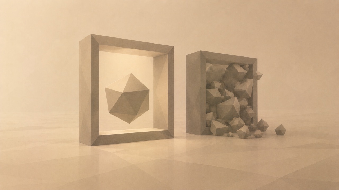 Ilustración minimalista en tonos papiro cálido y grafito, vista en perspectiva oblicua con profundidad. Dos marcos rectangulares idénticos se alzan uno junto al otro, del mismo tamaño y la misma factura. Dentro del primero reposa una única forma poligonal completa, entera y uniformemente iluminada, contenida con holgura. Dentro del segundo, de dimensiones exactamente iguales, se apiñan muchas formas poligonales pequeñas y fragmentadas, en penumbra desigual, demasiado numerosas para el espacio, algunas presionando contra el borde del marco y desbordándolo. El marco es idéntico; lo que cabe dentro, no. Solo formas geométricas abstractas, sin figuras ni objetos reconocibles. El tono es sobrio y grave.
