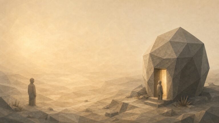 Ilustración monumental en tonos papiro cálido y grafito, con estética poligonal de piedra tallada, vista en perspectiva oblicua, de ánimo sereno y elegíaco. A la izquierda, un paisaje abierto al atardecer donde una presencia cálida y difusa, un resplandor suave sin bordes definidos, se extiende por toda la llanura, ambiente y sin límites, rodeando a una pequeña figura antropomorfa de piedra que permanece entre ella; la presencia no tiene un lugar único, simplemente está en el aire, alrededor. A la derecha, esa misma presencia difusa aparece recogida, atraída y comprimida dentro de una única cámara o vasija de piedra cerrada, con una sola puerta estrecha: el resplandor antes ambiente queda ahora sellado en un contenedor, y la pequeña figura permanece fuera de su puerta, teniendo que entrar para alcanzarlo. La metáfora: lo que estaba en todas partes y libre se vuelve algo guardado en un lugar al que hay que entrar. El tono es tierno, elegíaco y sereno.