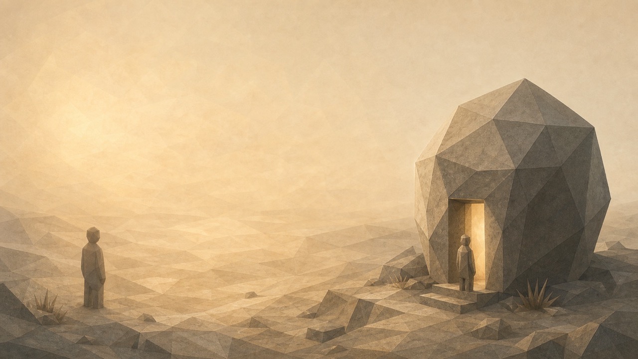 Ilustración monumental en tonos papiro cálido y grafito, con estética poligonal de piedra tallada, vista en perspectiva oblicua, de ánimo sereno y elegíaco. A la izquierda, un paisaje abierto al atardecer donde una presencia cálida y difusa, un resplandor suave sin bordes definidos, se extiende por toda la llanura, ambiente y sin límites, rodeando a una pequeña figura antropomorfa de piedra que permanece entre ella; la presencia no tiene un lugar único, simplemente está en el aire, alrededor. A la derecha, esa misma presencia difusa aparece recogida, atraída y comprimida dentro de una única cámara o vasija de piedra cerrada, con una sola puerta estrecha: el resplandor antes ambiente queda ahora sellado en un contenedor, y la pequeña figura permanece fuera de su puerta, teniendo que entrar para alcanzarlo. La metáfora: lo que estaba en todas partes y libre se vuelve algo guardado en un lugar al que hay que entrar. El tono es tierno, elegíaco y sereno.