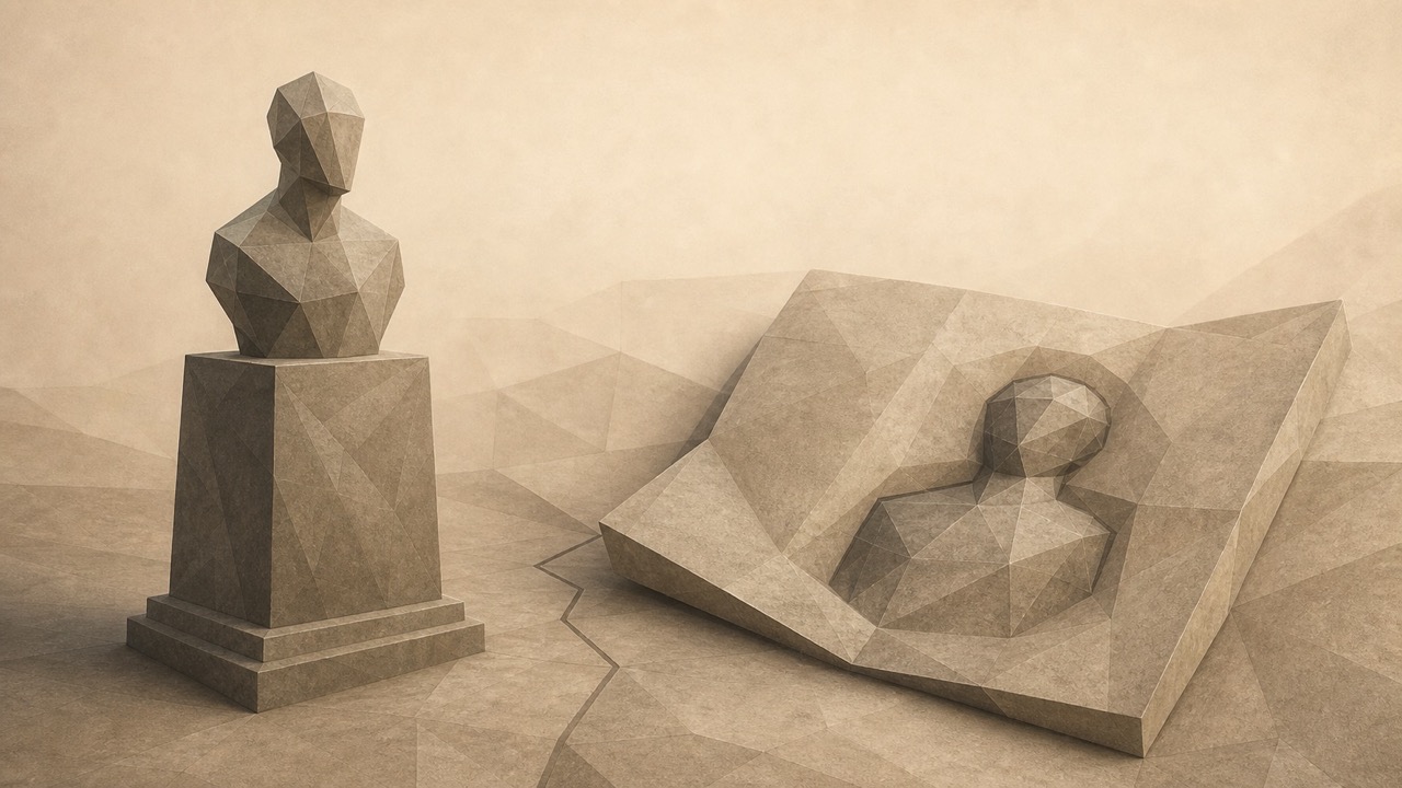 Ilustración facetada en tonos sepia: un busto sobre un pedestal junto a una lámina inclinada con la misma silueta en relieve.
