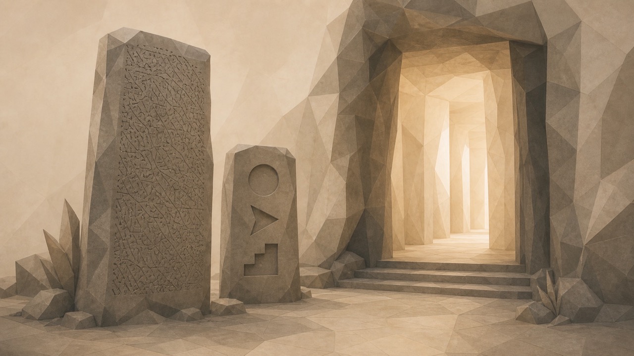 Illustration in papyrus and graphite tones, with a polygonal aesthetic. Before an open and illuminated entrance, two stone panels: one tall, covered in tiny, illegible marks; another smaller one, with three large and clear shapes.