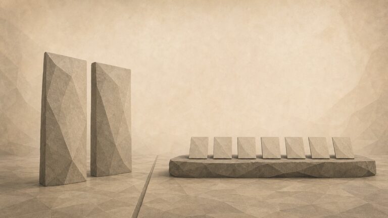 Ilustración en tonos papiro y grafito, de estética poligonal. A la izquierda, dos tablas altas de piedra en blanco; a la derecha, siete hojas pequeñas alineadas sobre una mesa baja; entre ambos grupos, una línea fina cruza el suelo.