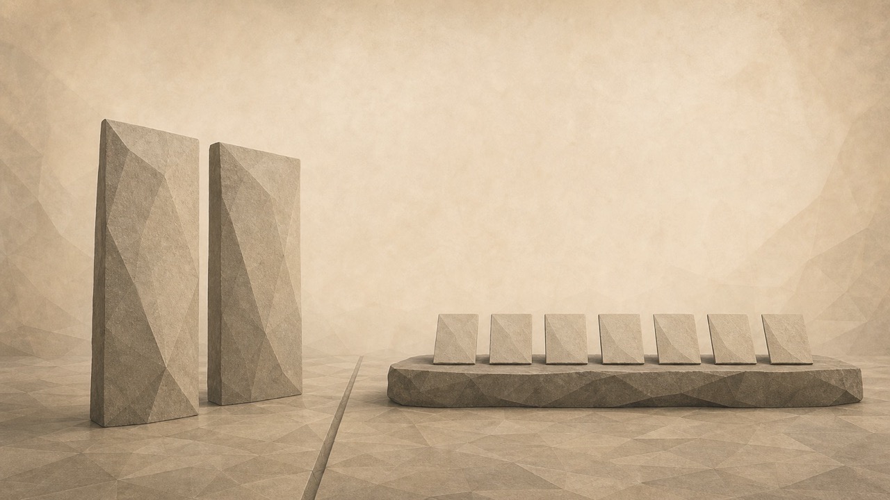 Ilustración en tonos papiro y grafito, de estética poligonal. A la izquierda, dos tablas altas de piedra en blanco; a la derecha, siete hojas pequeñas alineadas sobre una mesa baja; entre ambos grupos, una línea fina cruza el suelo.