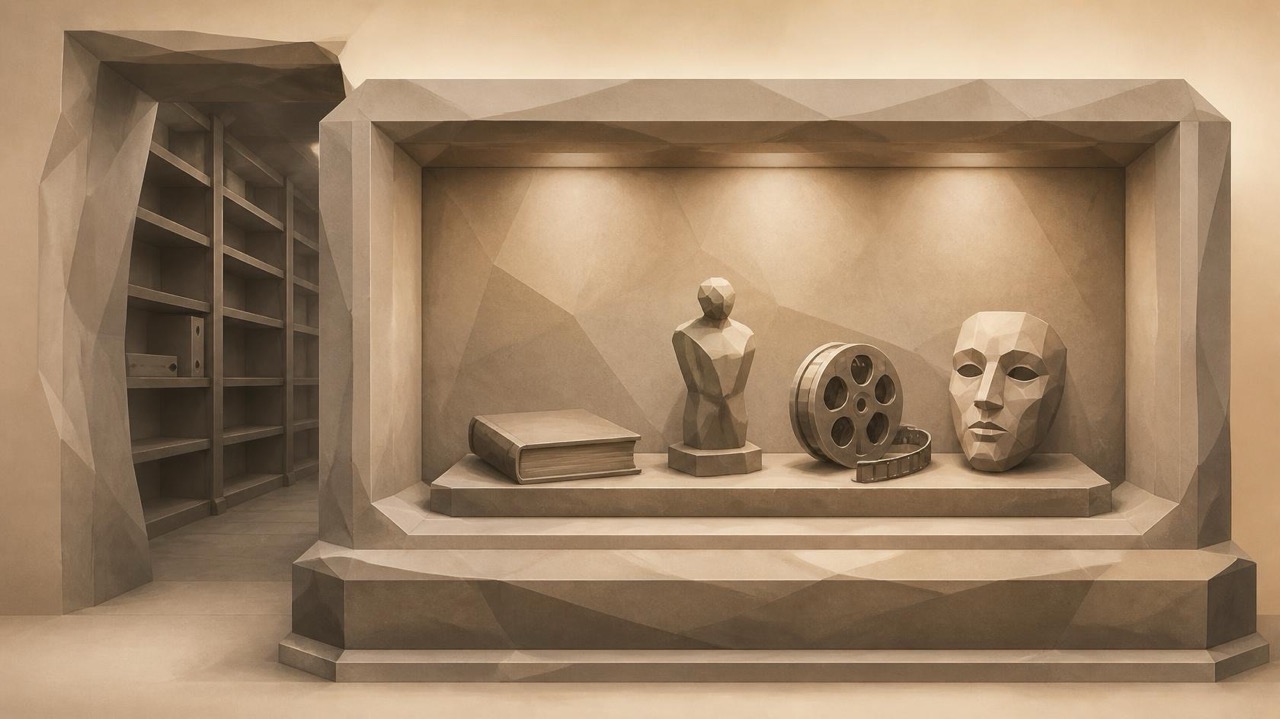 Ilustración en tonos papiro y grafito, de estética poligonal. Un gran escaparate de piedra exhibe un libro cerrado, una pequeña escultura abstracta, un rollo de película y una máscara de teatro. Detrás, a través de una abertura lateral, se ve un almacén casi vacío, con estanterías desnudas y una única carpeta.