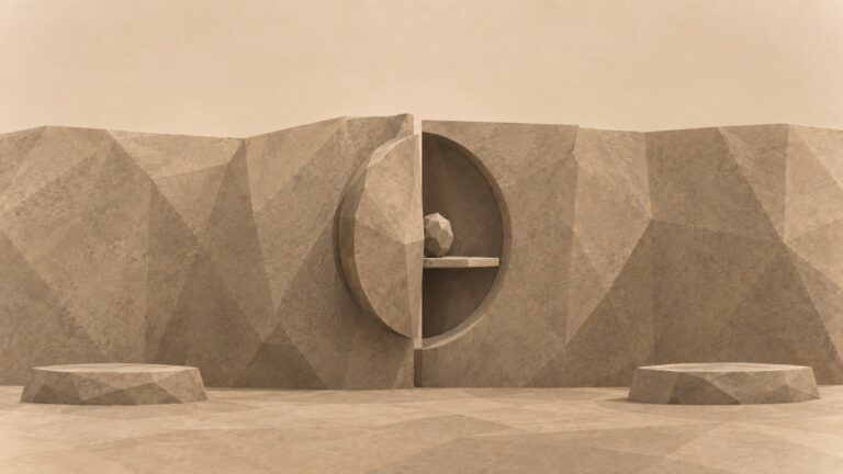 Ilustración en tonos papiro y grafito, de estética poligonal. En un muro alto de piedra, un torno giratorio sostiene una pequeña forma abstracta visible desde ambos lados; una etiqueta desmontable cuelga hacia uno de ellos y dos bases vacías esperan a cada lado.